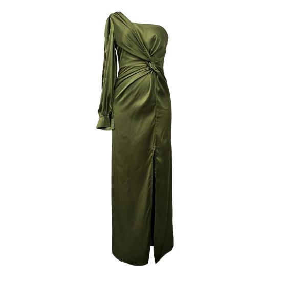 Vestido de noite feminino, um ombro, sem mangas, bainha dividida, cor sólida, cintura fina