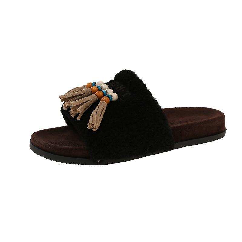 Retro Tassel Fluffy Slippers Women's Autumn New Wear Trendy and Casual Lazy One-word Drag