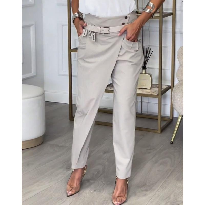 

Autumn Asymmetric High Waisted Pants for Women Fashion Chic Belt Straight Pants Casual Street Trousers Ladies XS серый