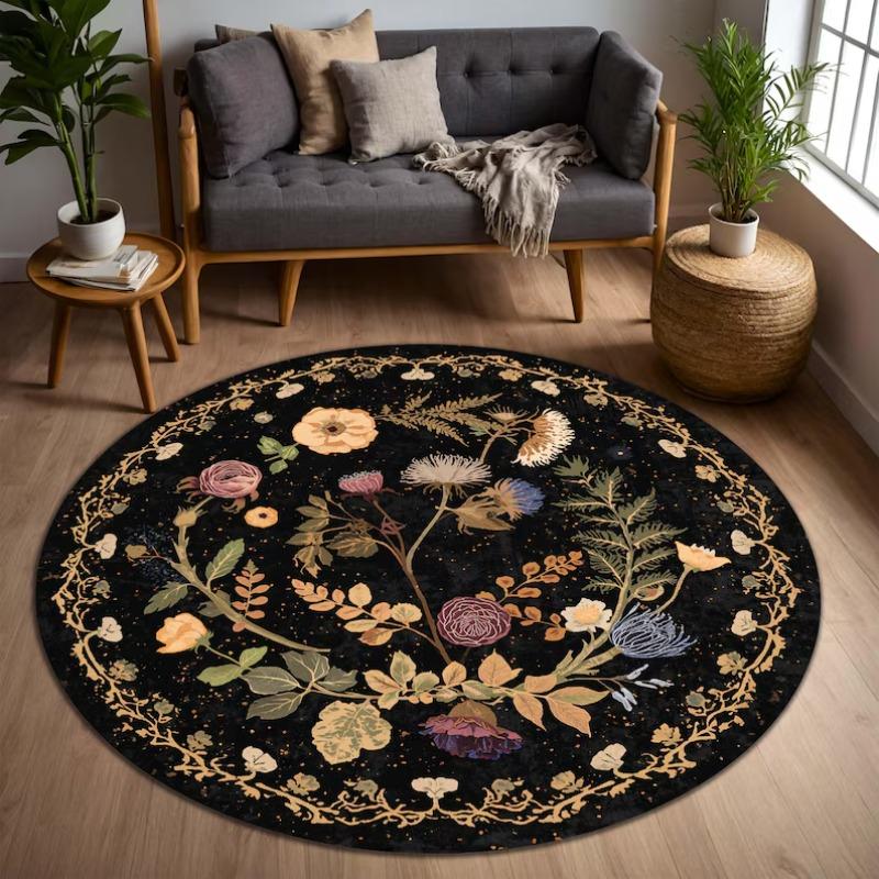 Dark Academia Floral Round Rug Vintage Botanical Print Witchy Gothic Home Decor Mat Soft Non Slip Carpet for Living Room
