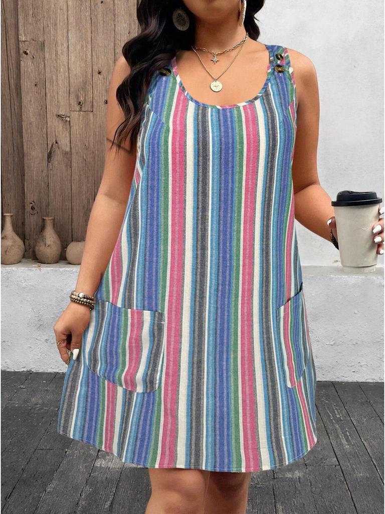 2026 Summer Fashion: Striped Sleeveless Dress with Button Pockets, Women's Casual European & American Style.