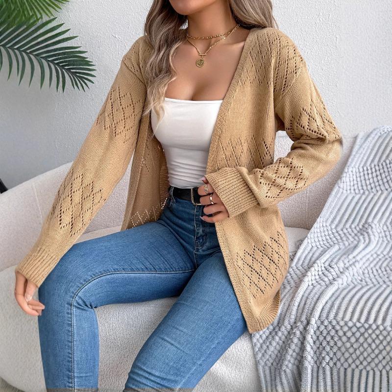 Women European American Casual Solid Hollow Out Lantern Long Sleeve Cardigan Sweater Coat