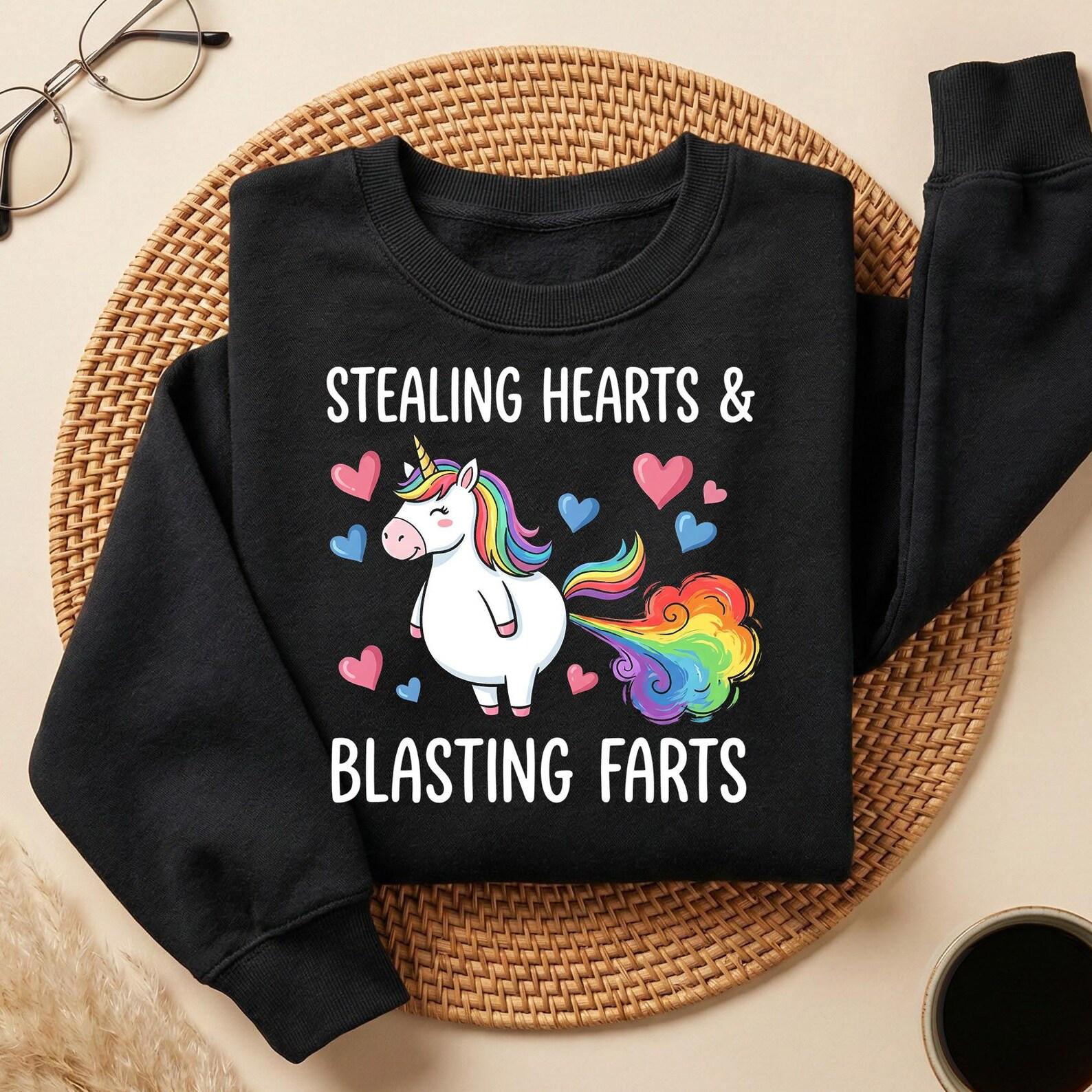 Stealing Hearts & Blasting Farts Unicorn Shirt, Funny Rainbow Unicorn Tee, Cute Fart Joke T-Shirt, Kids Humor Graphic Tee 4XL