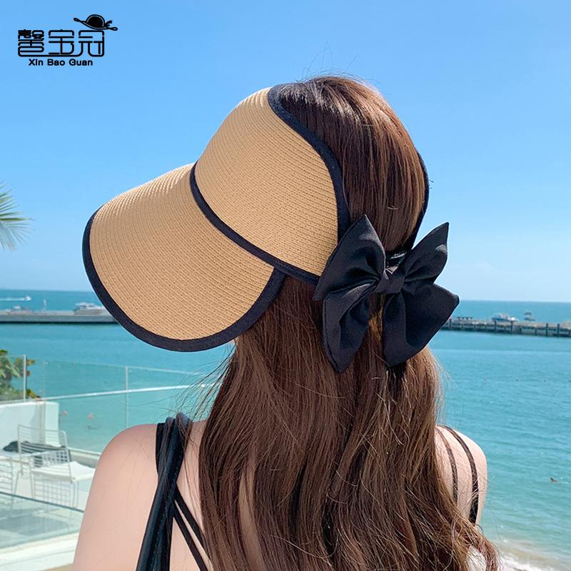 8480 Summer Sun Protection Visor Fashion Big Brim Empty Top Hat Children's Outdoor Foldable Beach Straw Sun Hat