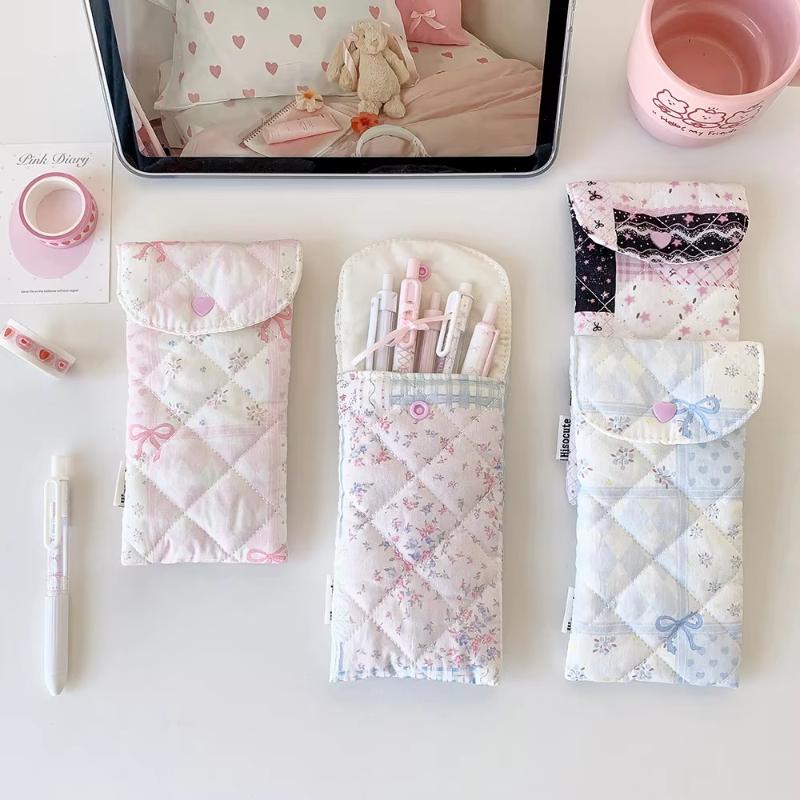 1Pc Fashion Floral Bow Snap Pen Bag Student Stationery Girl Portable Glasses Storage Bag Large Capacity Travel Makeup Bag Gifts