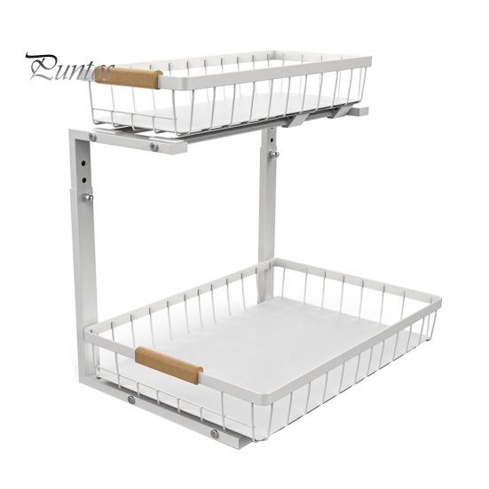 Under-Cabinet Storage Rack with Dual Sliding Trays Adjustable Height Metal Slide-Out Bathroom Kitchen Sink Organizer with Handle