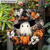 2D Flat Aluminium Rustic Halloween Sign with Wizard Hat Ghost Pattern - Halloween Figurine Ornaments - Ideal for Front Door, Wall, Porch, Window