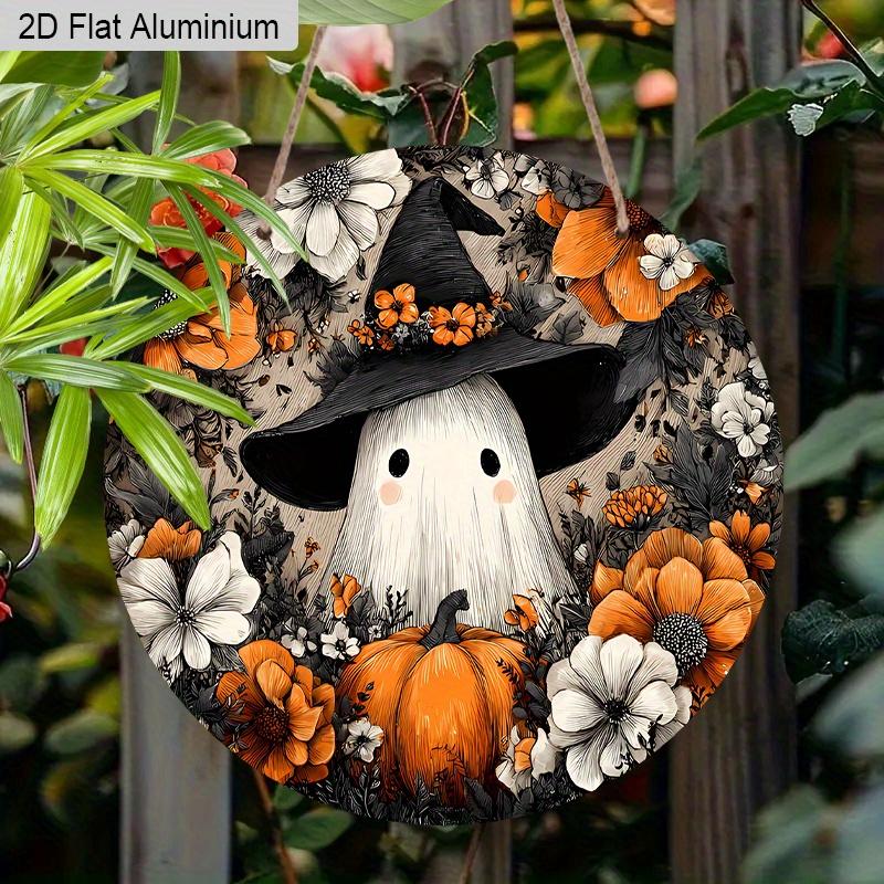 2D Flat Aluminium Rustic Halloween Sign with Wizard Hat Ghost Pattern - Halloween Figurine Ornaments - Ideal for Front Door, Wall, Porch, Window