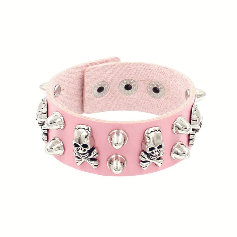 Wide PU Leather Punk Skull Bracelet 1Pcs Star Pattern Adjustable Goth Cuff Bangle for Men Women Holiday Gift