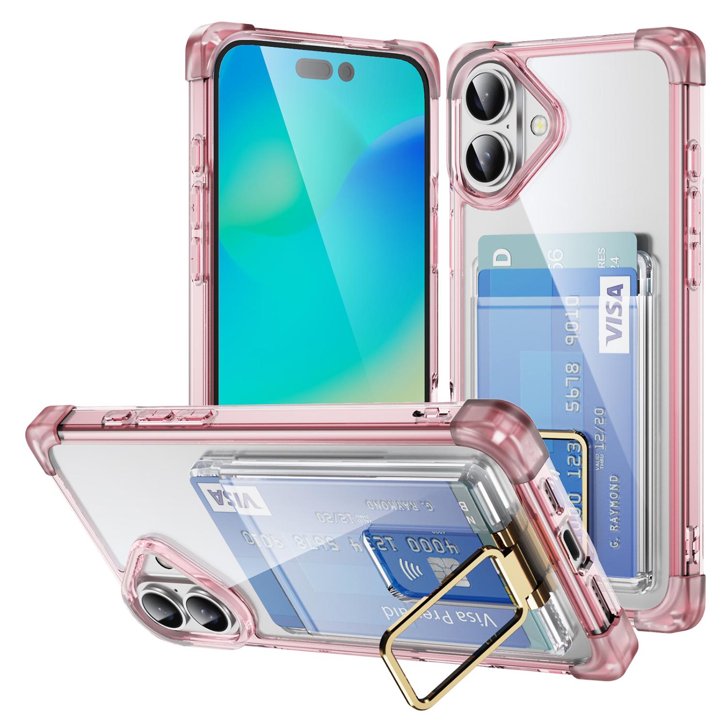 

For iPhone 16 Case Reinforced Corners TPU+Acrylic Phone Cover with Kickstand Card Holder Transparent Pink