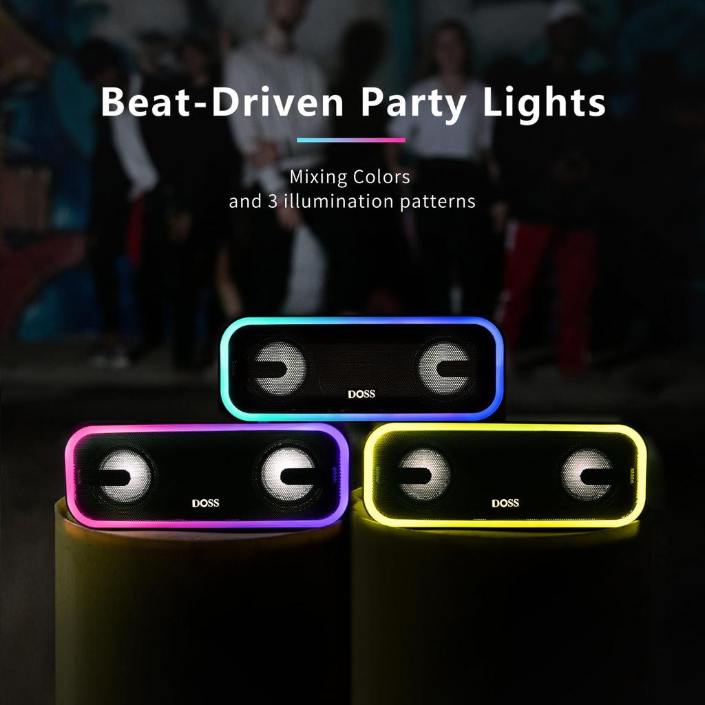 DOSS SoundBox Bluetooth Deep Compact Bluetooth Speaker Hours of Wireless Stereo Lighting IPX6 TF Card Suitable for Bathrooms and Pro+ Speaker, 24W,