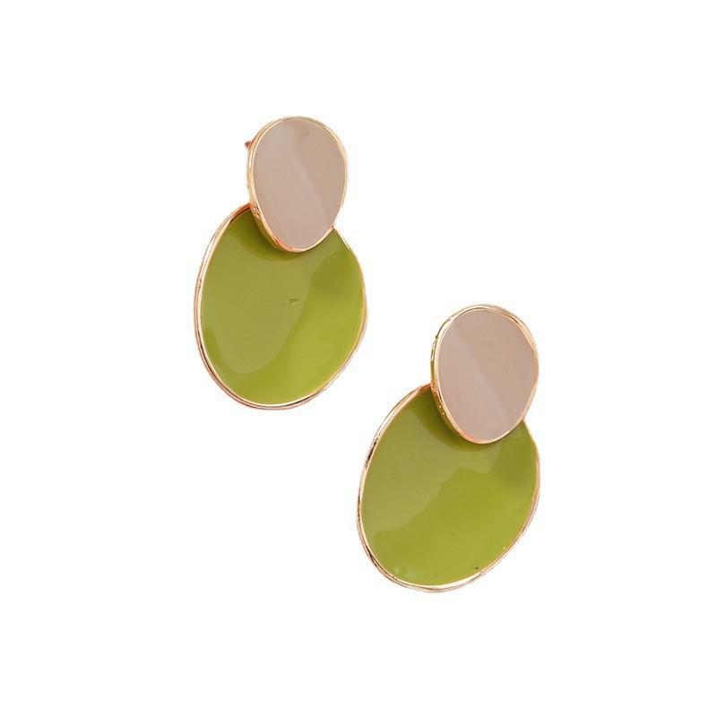 Avocado Green Two-Tone Curved Geometric Drop Earrings - Trendy Korean Fashion