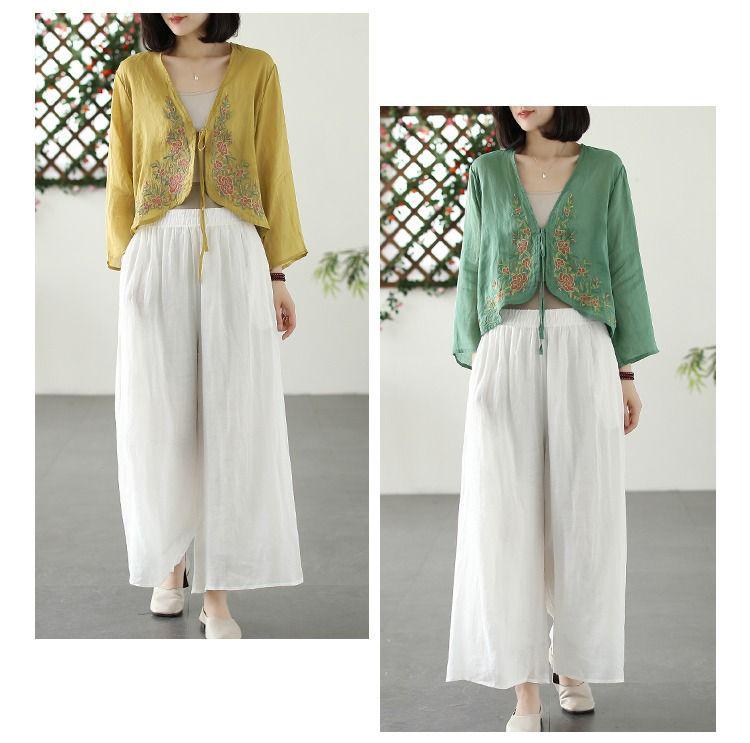 Women's 2024 Spring/Autumn Cotton Linen Retro Embroidered Blouse - Sunscreen Shawl Dress Shirt with Lace-Up Detailing.