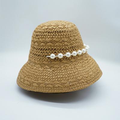 French Japanese Elegant Pearl Chain Woven Bell-Shaped Basin Hat Women'S Summer Sunshade Sunscreen Vacation Beach Hepburn Straw Hat