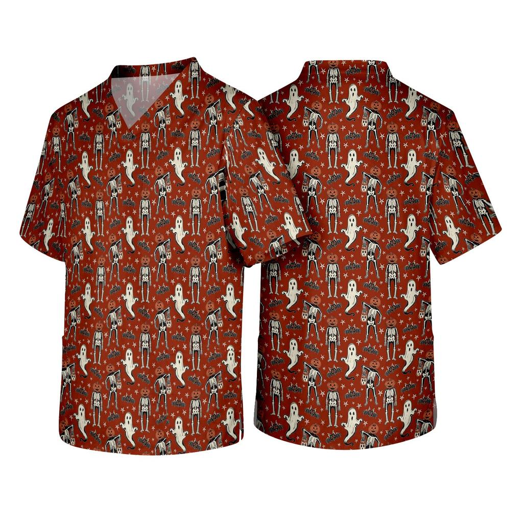 Men's Short Sleeve V Neck Halloween Print Medical Scrub Top with Chest Pocket Suitable for Healthcare Professionals and Caregivers