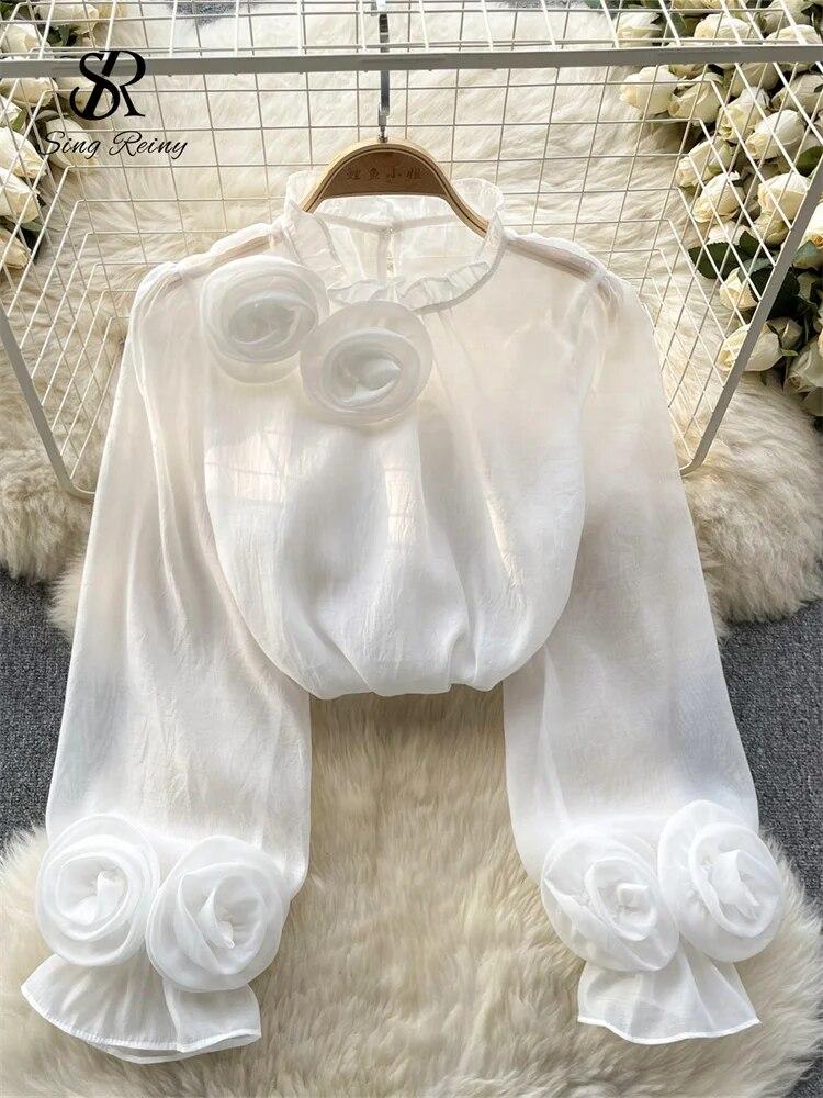 Ruffles Sweet Sheer Blouse O Neck Long Sleeves 3D Floral Loose Top Korean Style Streetwear Vintage OL Casual Shirt