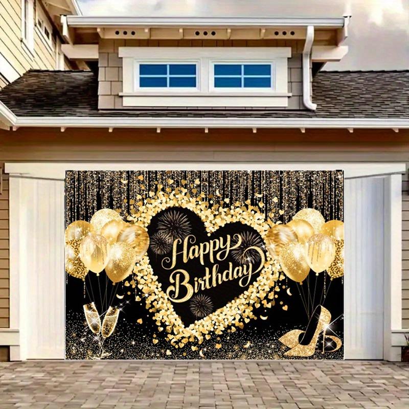 Of Elegant Happy Birthday Anniversary Banner, Hard-wearing Polyester, Gold & Black Theme with Balloons, Stars, Champagne Motif, Perfect for Party,