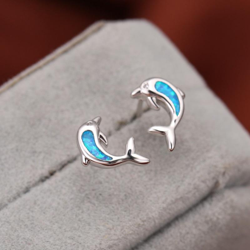 Platinum Opal Dolphin Stud Earrings Exquisite and Small Literary Student Earrings Temperament Versatile Muse Earrings