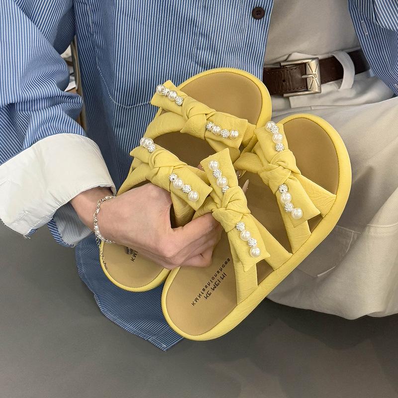 

667-33 Pearl bow outer wear open-toed cool slippers 2025 new summer thick-bottomed leisure beach one-word drag 40 жёлтый