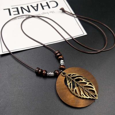 Ethnic Style Cotton-Linen Wooden Sweater Chain Necklace with Alloy Leaf Pendant