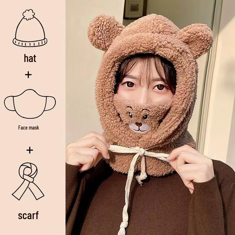Women's Autumn & Winter Plush Thickened Integrated Hat & Scarf for Cycling - Windproof, Coldproof, Electric Car Pullover Hat.