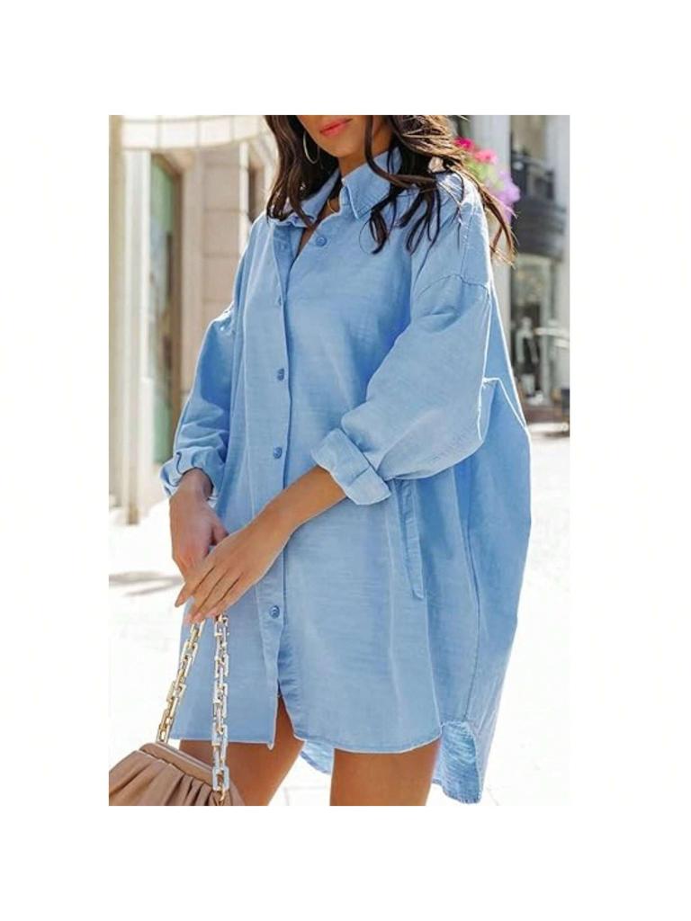 Women's Oversized Button Down Blouse Long Sleeve Stand Collar Loose Casual Top with Pockets