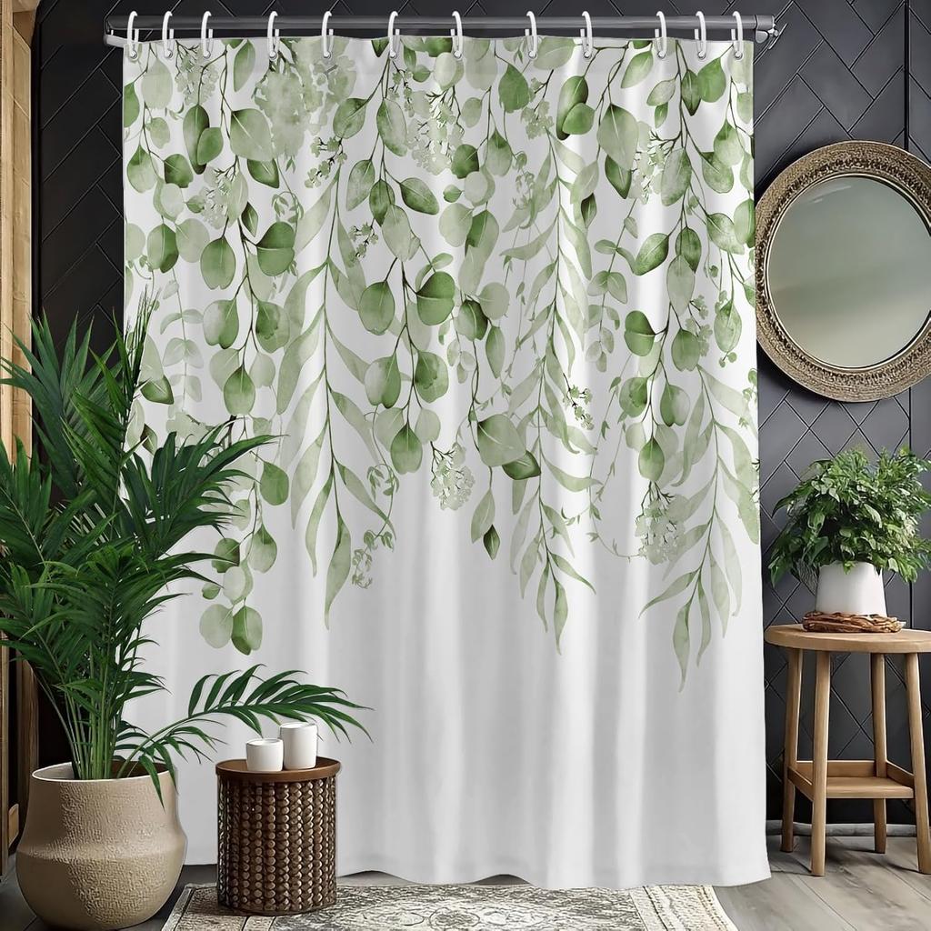 Rustic Brown Leaf Shower Curtain with Hooks, Watercolor Botanical Eucalyptus Bathroom Decor, Boho Farmhouse Waterproof Polyester