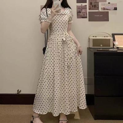 Early Spring French Square Collar Polka Dot Dress for Women, New Summer Outfit, Elegant Waist-cinching Slimming Long Dress