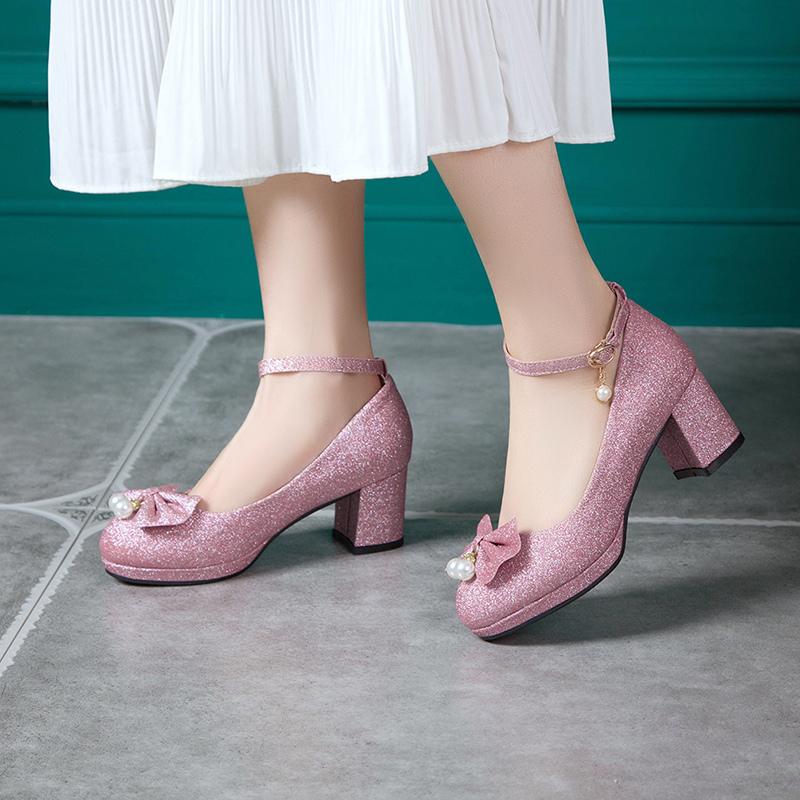 Elegante Prinzessin Lolita Schuhe für Mädchen Niedliche Schleife Rosa Gold Silber Damen Pumps Knöchelriemen Luxus Party Hochzeitsschuhe Weiblich