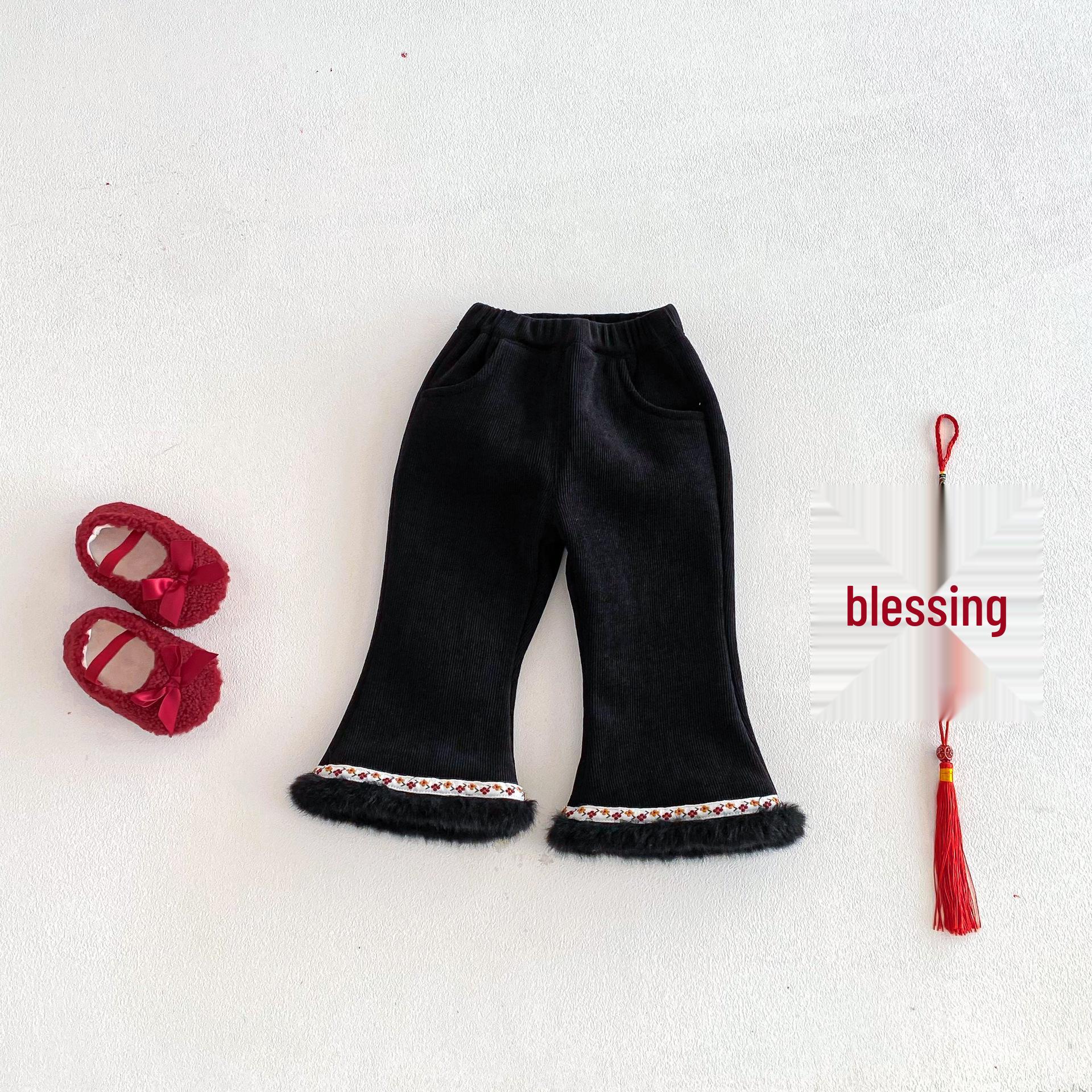 

Girls Embroidered Flare Pants: Winter 2025 Retro New Year s Outfit with Velvet Lining 80 cm