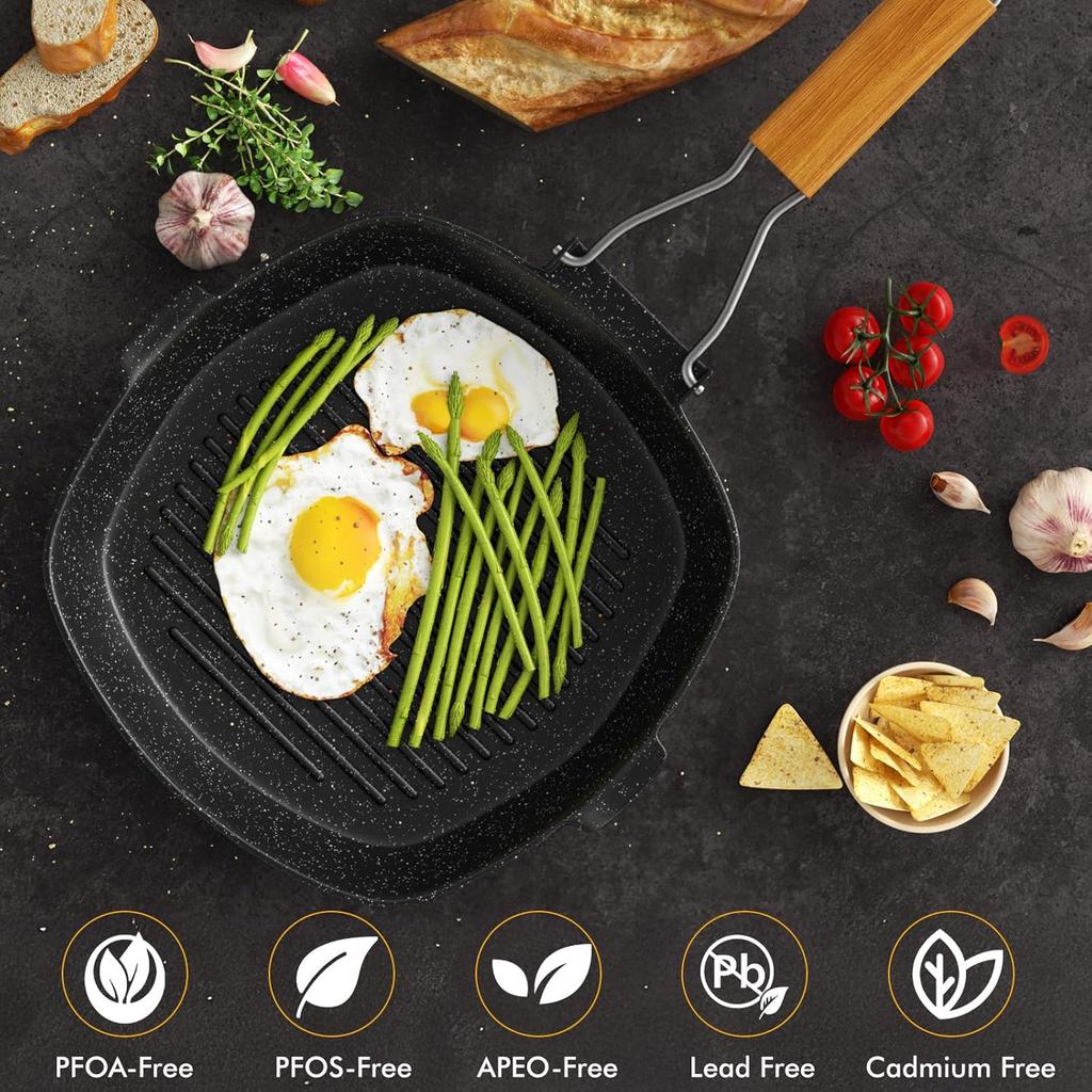Nonstick Grill Pan, 9.5 Inch Large Grilling Skillet Steak Pan for Indoor Cooking, Steak & Bacon Pans for Stove Tops