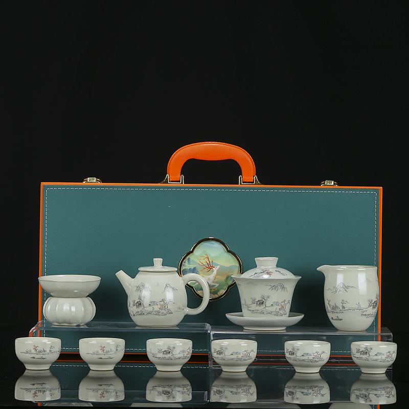 High-end Landscape Ru Kiln Kung Fu Tea Set, a Complete Set of Teapot Cover Bowl Teacup Activities, Holiday Business Gifts