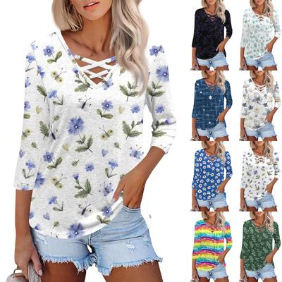 Women's Fashion Loose Cross V-Neck Seven Sleeve T-Shirt Vintage Floral Print Casual Top