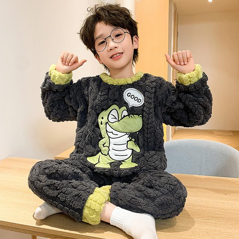 Kinder Flanell Pyjama Set Jungen Mädchen Warm Langarm Oberteil Und Hose Nachtwäsche Winter Haus Nachtwäsche