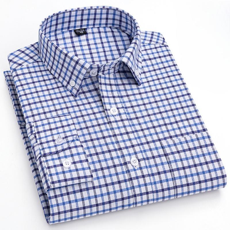 New Pure Cotton Business Men Oxford Shirt Long Sleeve Casual Plaid Striped with Chest Pocket Non-iron Autumn Spring
