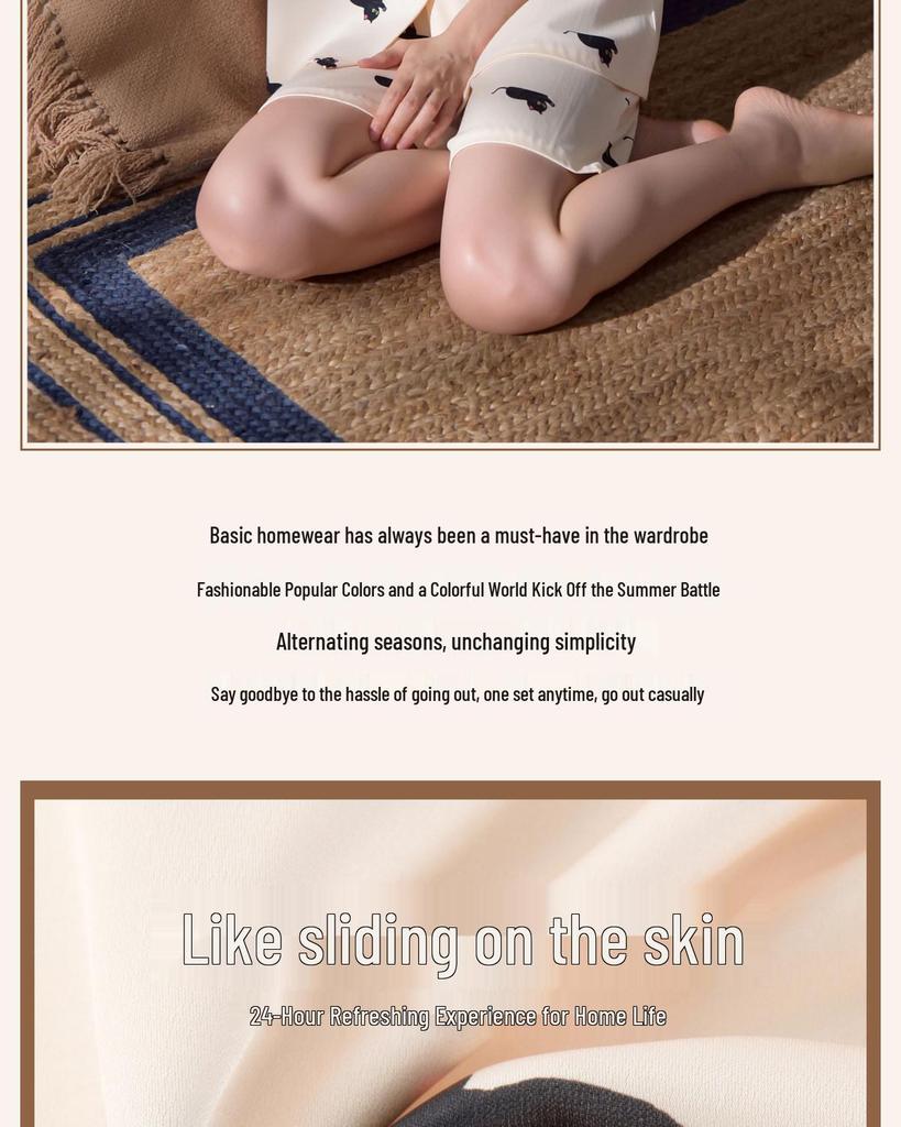 Women's Ice Silk Pajama Set, Short Sleeve Cat Design, Indoor/Outdoor Wear