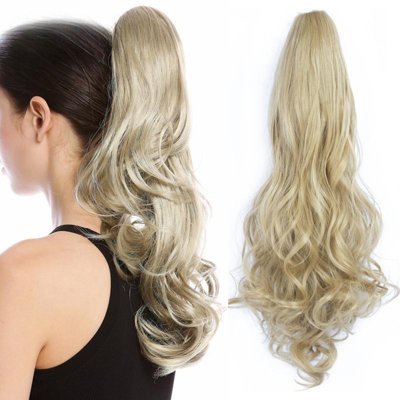 Kunstfaser-Wellen-Pferdeschwanz für Damen zum Aufstecken, verlängerter langer Pferdeschwanz, natürliche lockige Haarverlängerung, Schwarzbraun, 22 Zoll