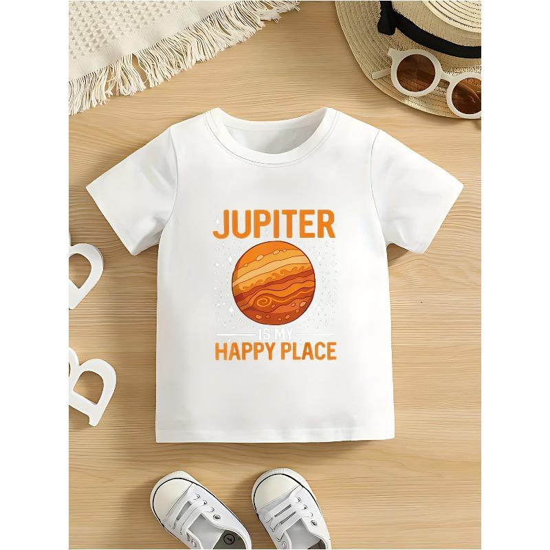 Kids Crewneck Short Sleeve T-Shirt, Vibrant Orange Jupiter Print Comfort Versatile Casual Tee 110 белый