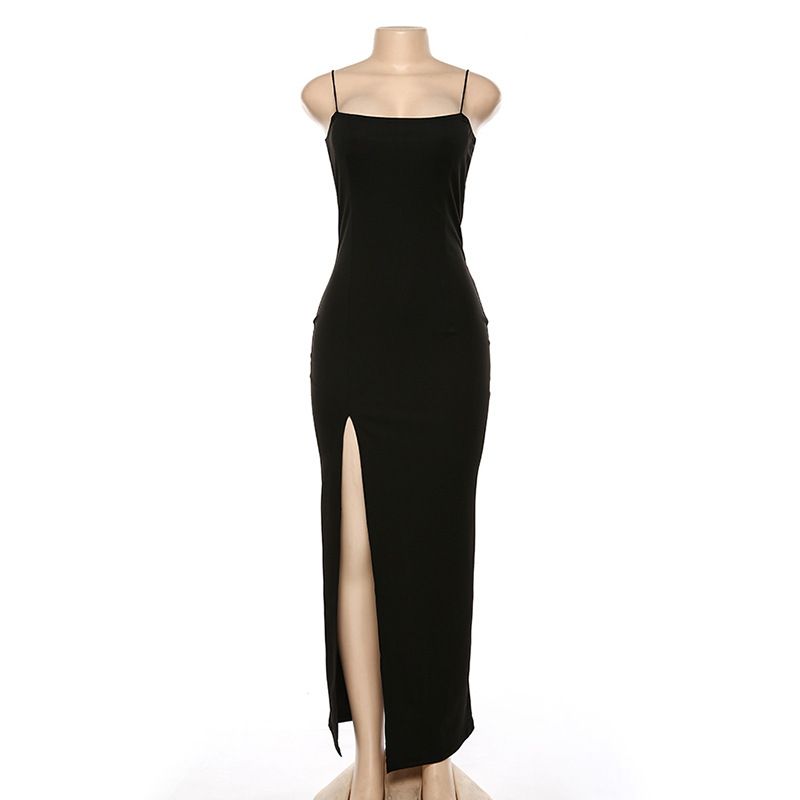 Europe and America Cross Border New Fashion Sexy Sling Collar Slim Fit Backless Sexy Split Maxi Dress