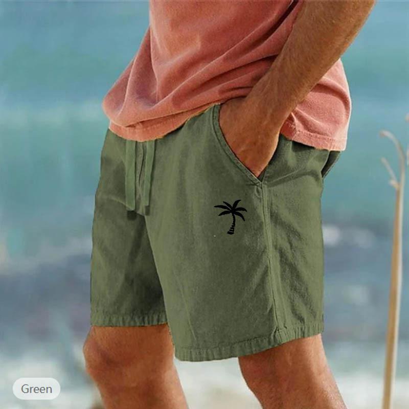Cross-border New Coconut Printed Linen Shorts Drawstring Elastic Waist Solid Color Breathable Beach Five-point Casual Pants