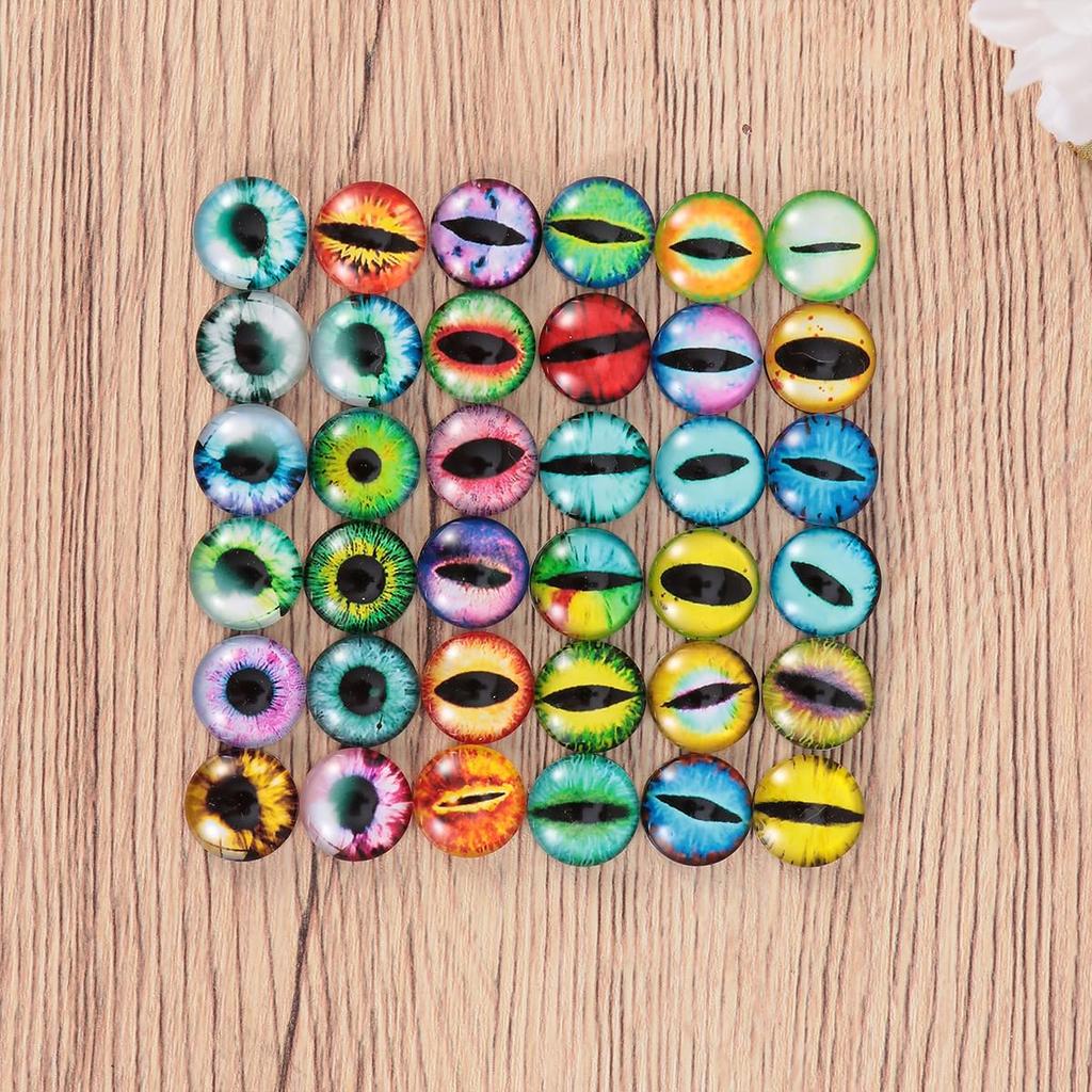 Yeux de Poupée TEHAUX, Lot de 50 Pièces, Diamètre 12mm, Motifs d'Yeux en Verre pour Yeux de Chat, Dinosaure et Animaux, Pièces d'Accessoires Faits Main, Décorations DIY, Poupée