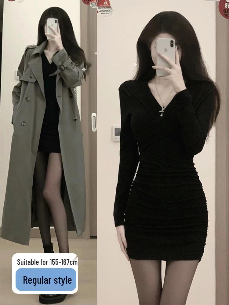 

Women s Black Knit Dress - Slim Fit, Plus Velvet, Hip-Hugging, Perfect for Spring, Autumn, Winter. M for 100-115 lbs