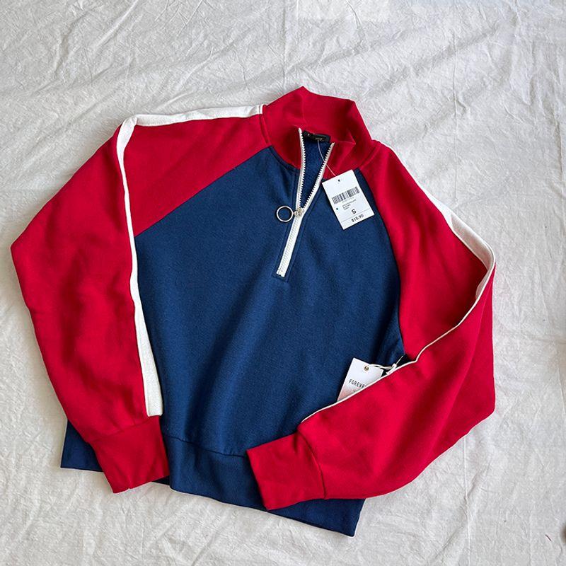 

European and American Single S-Size L French Style Retro Sports Style Contrast Color Rolled Edge Stand Collar Half Zip Thin Fleece Hoodie Pullover Red and Blue Series Retro S