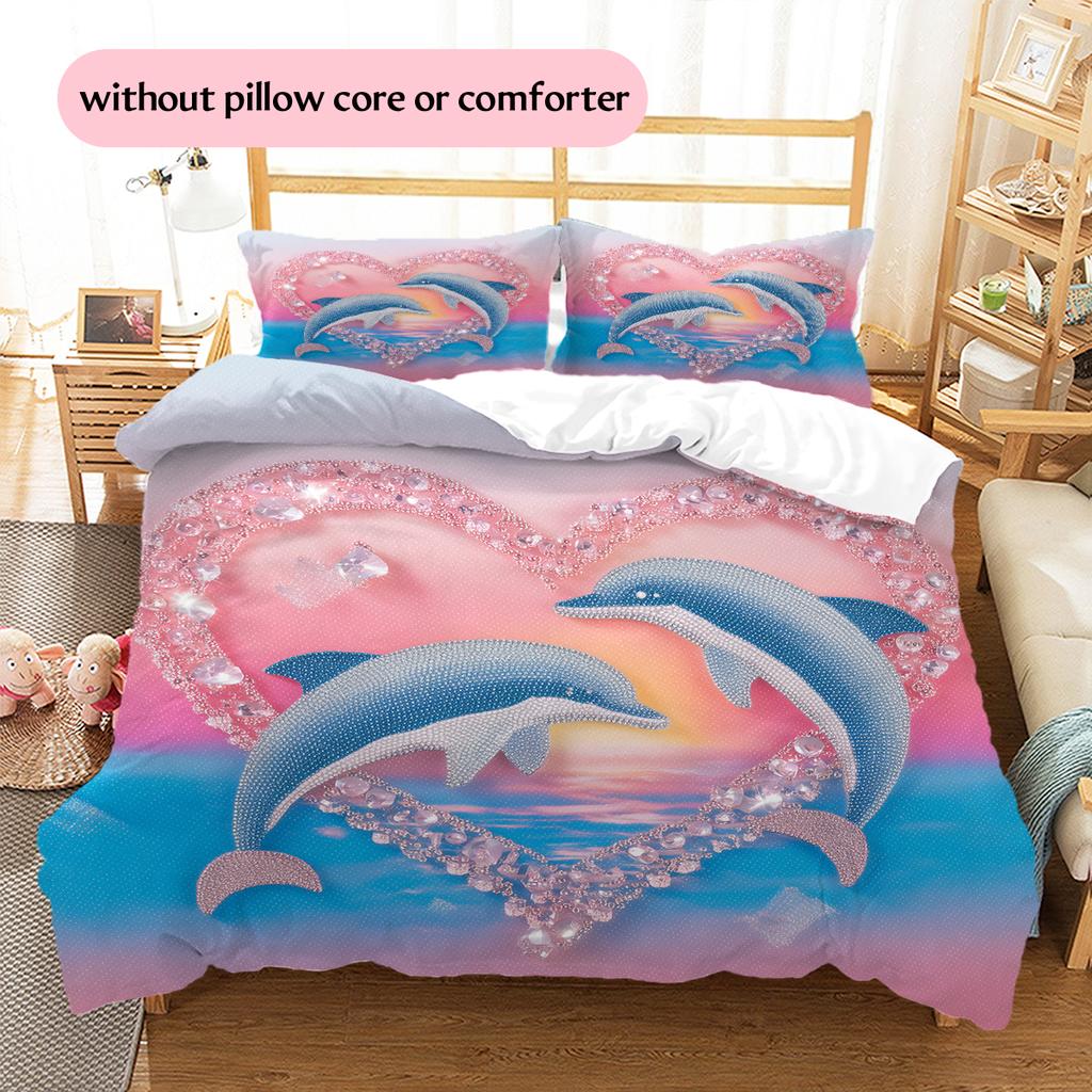 Kreslené Barevné Delfíní Vzor Povlečení Domácí Dekorace Narozeninový Dárek (1 * povlak na peřinu + 2 * povlak na polštář, bez jádra)