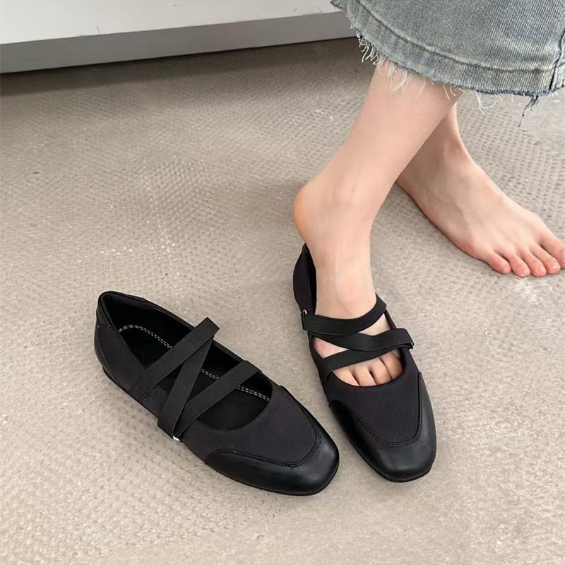 Flat shoes women's square head 2025 new spring and autumn light mouth Mary Jane ballet shoes elastic band silver soft sole single shoes