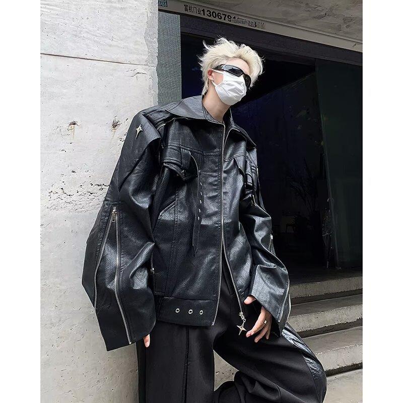 Trendy long sleeves trendy multi-pocket heavy industry metal design feeling shoulder pads leather jacket standard youth autumn solid color new