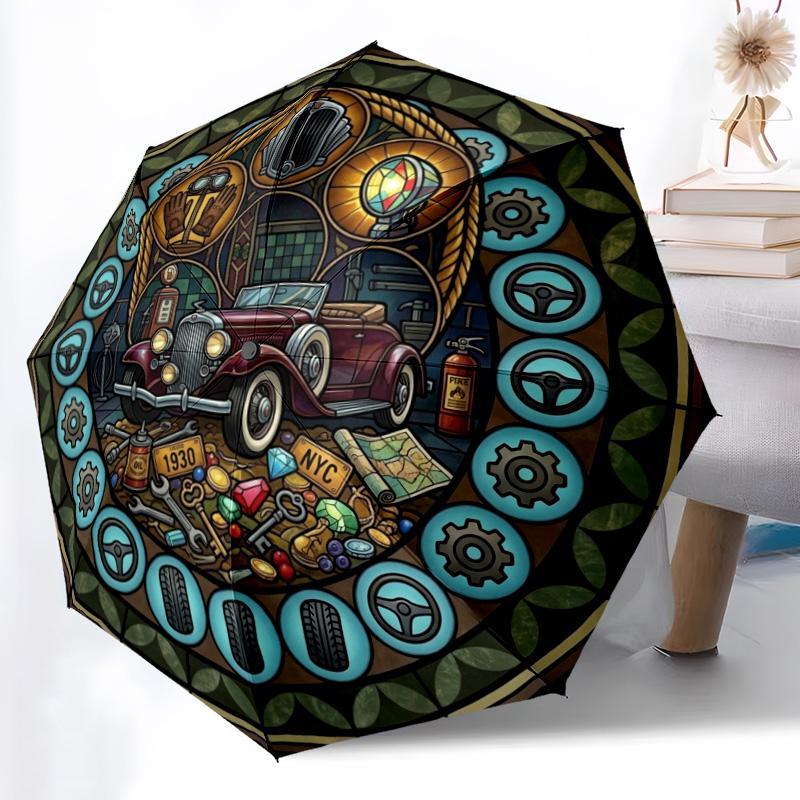 Vintage Auto Glasmuster Schirm, tragbares und faltbares Design, 8 Schirmstäbe, ein lässiges Accessoire für Halloween-, Weihnachts- und Geburtstagsgeschenke.