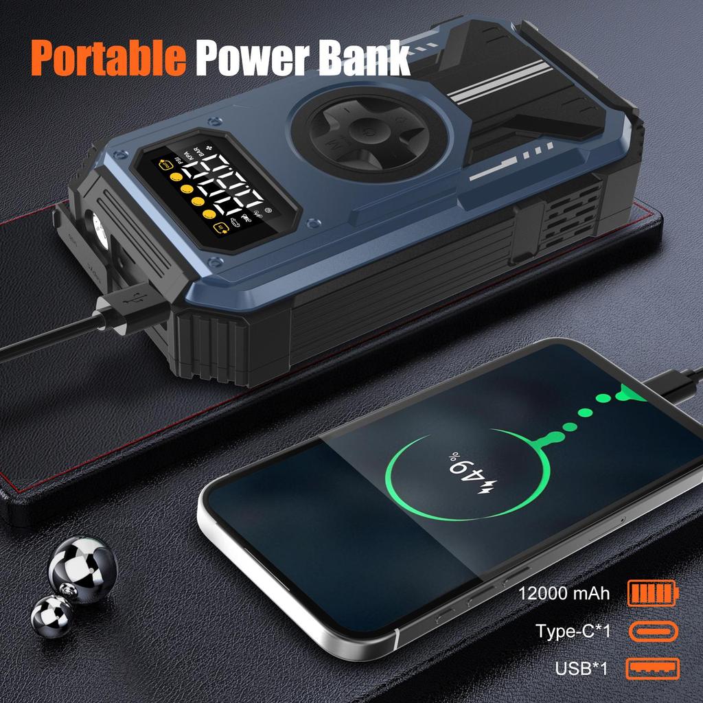 Car Jump Starter Booster Power Bank Battery Charger With 150PSI Air Compressor Eigotrav PD-270 12V 6000A 12000mAh