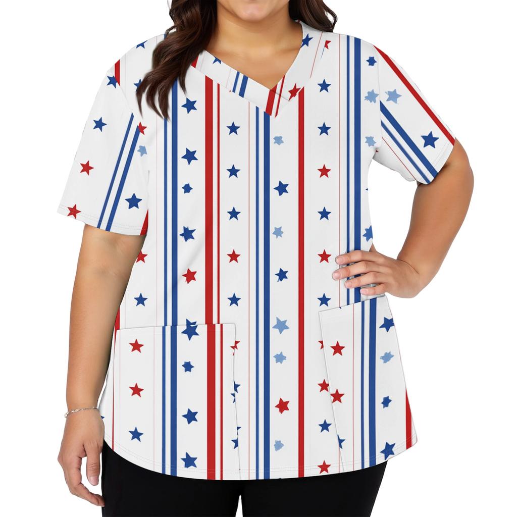 Women's Fashionable Casual Independence Day American Flag And Stars Print V-neck Short-Sleeved Work Shirt With Double Side Slits And Pockets