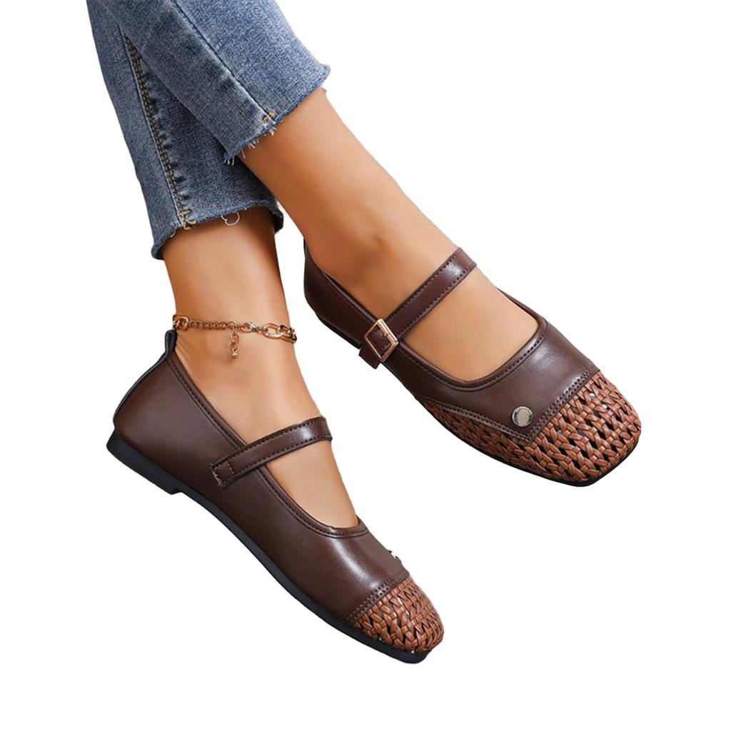Women's Summer Breathable Mesh Woven Mary Jane Flats Lightweight Slip On Casual Shoes with Buckle Strap for Daily Wear